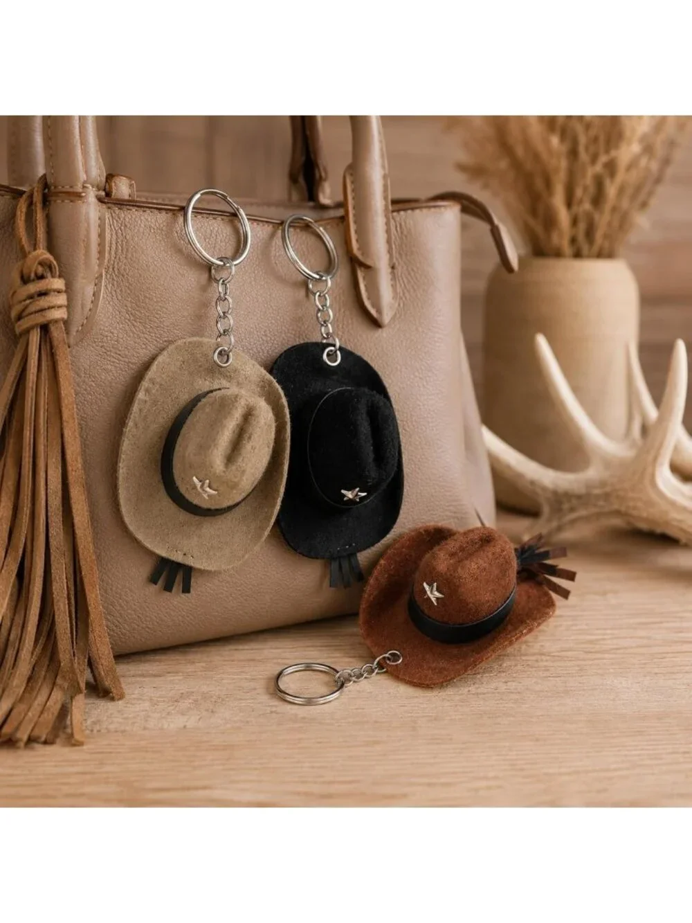 Mini Cowboy Hat Keychain Set - 6 PCS Western Style Tassel Key Rings for Bags